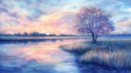 Fototapeta premium Serene Landscape with Tree and Reflections at Sunset