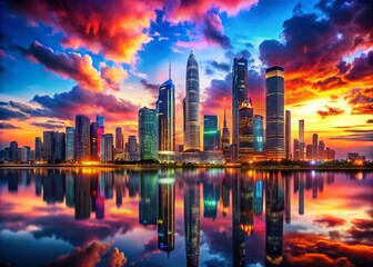 Fototapeta premium Futuristic Cityscape Bathed in a Breathtaking Sunset: A Vivid Display of Colorful Skyscrapers, Neon Lights, and Dynamic Architecture Against a Dramatic Horizon
