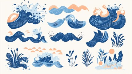 Obraz premium Colorful Illustrations of Waves and Ocean Elements