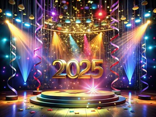 Glittering Stage with 2025 New Year Banner - 3D Illustration of Festive Party Elements Featuring Shimmering Numbers and Colorful Ribbon Streamers for a Memorable Celebration