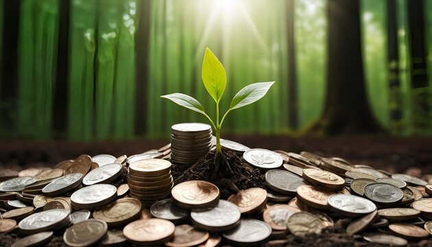 A seedling grows in a pile of coins, a forest background