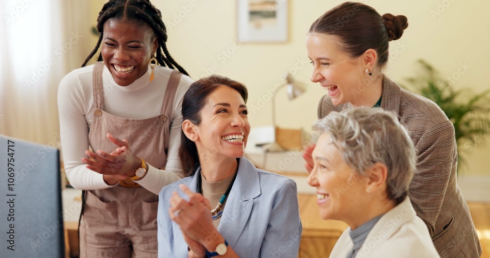 Poster business women, computer and applause for teamwork, feedback and project development with smile. col