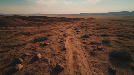 Fototapeta premium A desert landscape with a dirt road in the middle