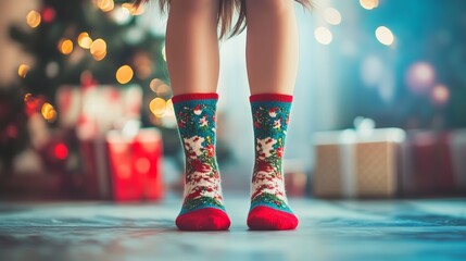 Girl standing on floor vysah in Christmas socks