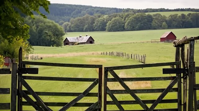 An old wooden farm gate, open to reveal a green pasture with wildflowers. This shows the welcoming nature of farm life.