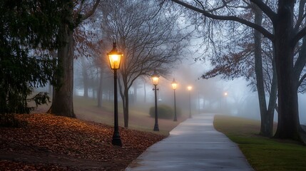 Obraz premium Foggy Pathway with Streetlights in a Wooded Park