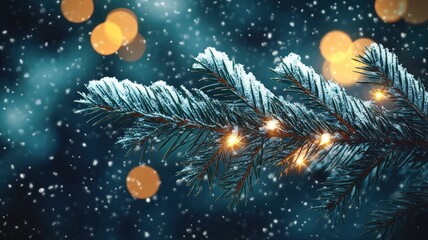 A christmas tree decorated with lights in a snowy. Merry Christmas and New Year Background