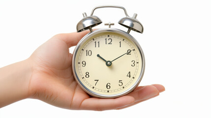A hand holds a classic silver alarm clock with black numbers on a white face, set against a simple white background.