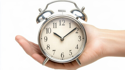 A hand holds a classic silver alarm clock, displaying the time 10:10, against a white background, emphasizing punctuality and time management.