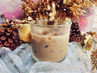 Iced coffee and christmas decorations