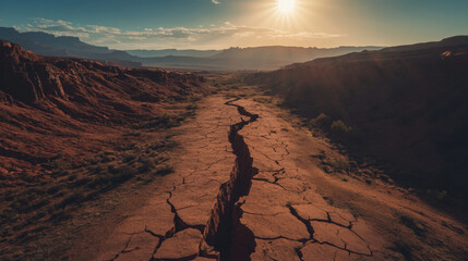 A desert landscape with a large crack in the ground