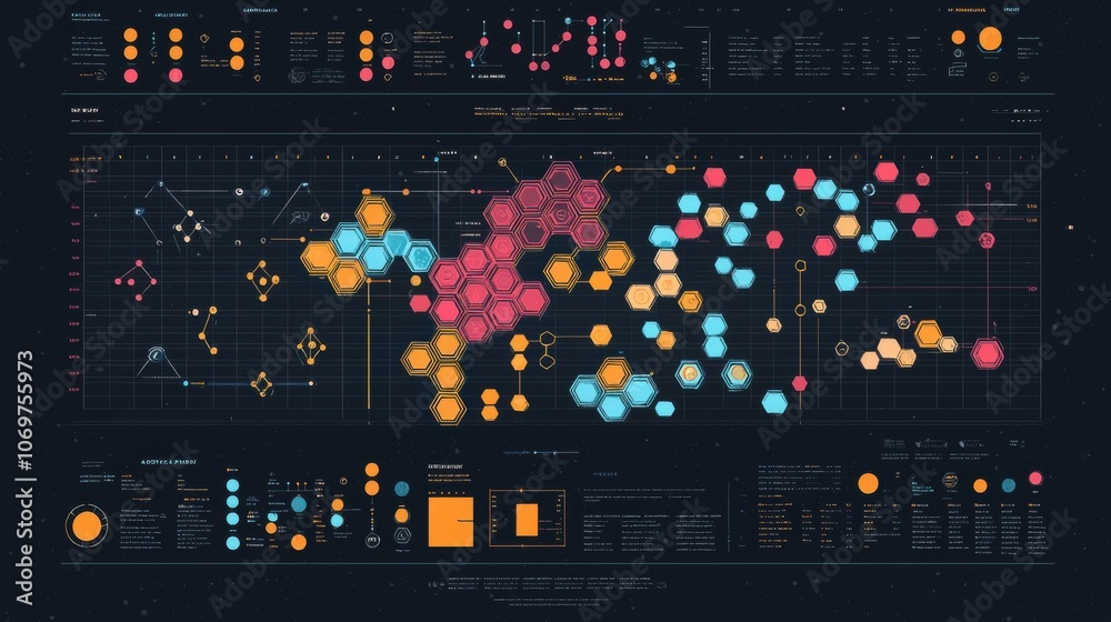 Poster colorful data visualization with hexagonal patterns