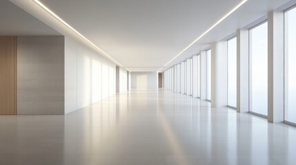 Fototapeta premium Modern Interior: A long, sleek hallway with minimalist design, featuring clean lines, natural light, and a sense of spaciousness.