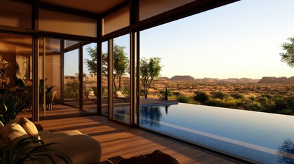 Fototapeta premium A serene interior view showcases a modern living space with large windows overlooking a tranquil landscape and infinity pool.