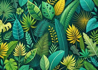Hand Drawn Flat Jungle Background Featuring Tropical Leaves in a Vibrant and Lush Composition Perfect for Nature-Themed Projects and Designs