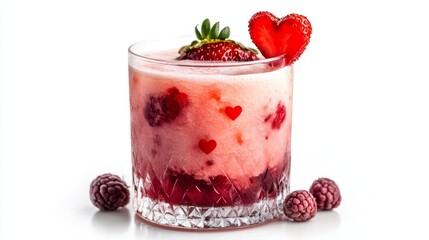 Strawberry milk cocktail with heart decoration Isolated on white background