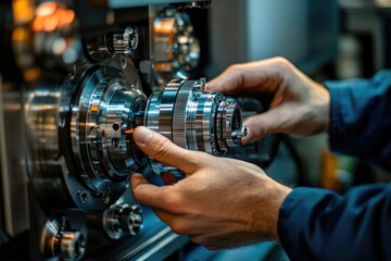 Engineer working on high-precision industrial equipment in modern factory