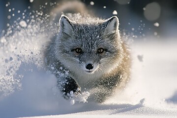 Fototapeta premium Arctic fox running in deep snow toward the viewer