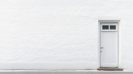 A minimalist image featuring a plain white wall with a single light blue door, highlighting simplicity and tranquility in design.