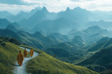 Buddhist monks walking on a mountain path in ha giang, vietnam