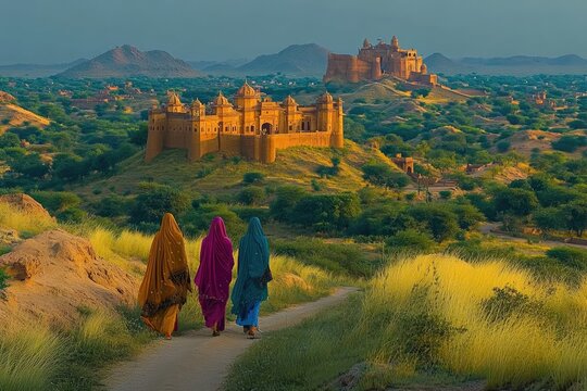 Indian women walking towards ancient mandawa fort in rajasthan, india