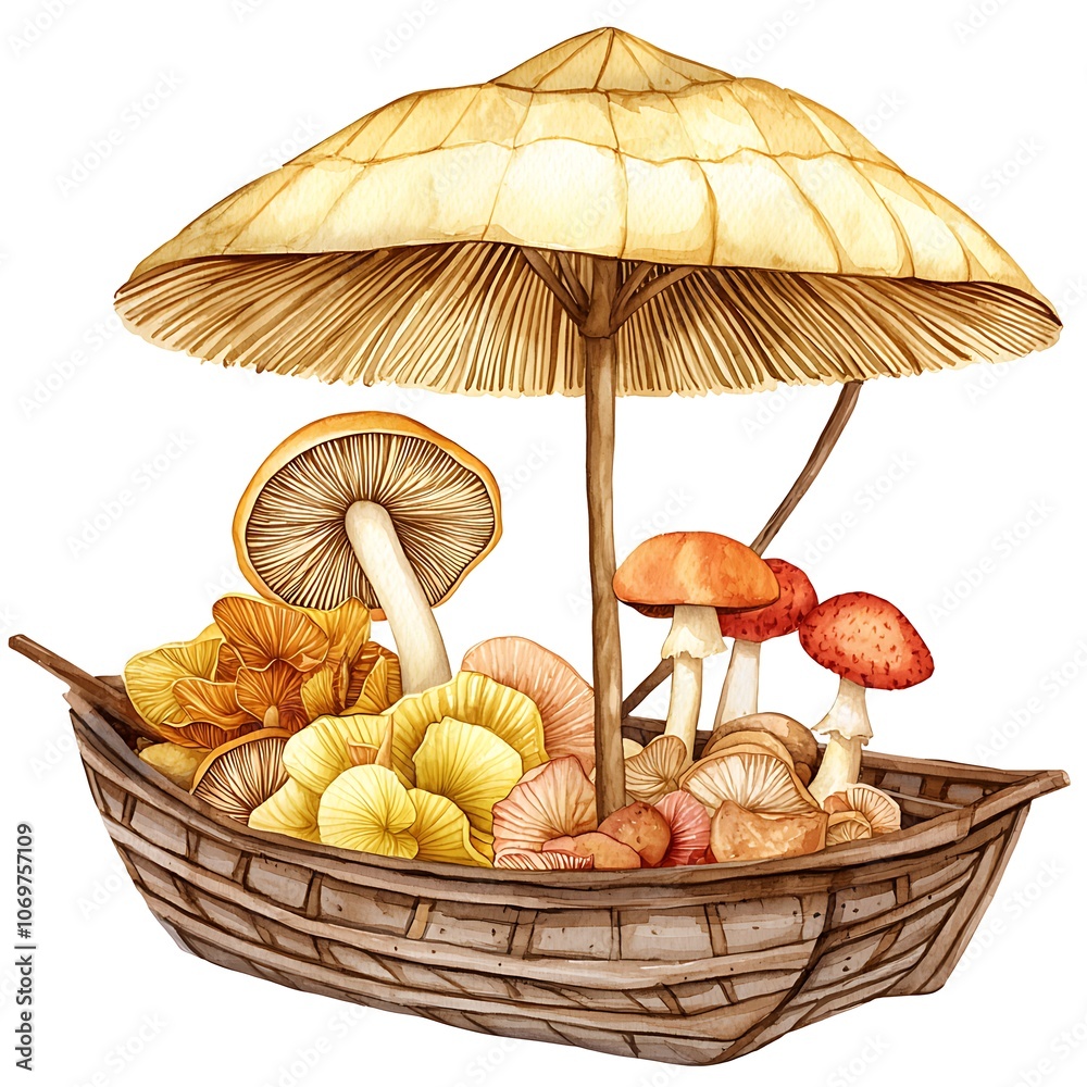 Canvas Prints Watercolor Illustration of a Boat Filled with Mushrooms with an Umbrella Mushroom as a Canopy.