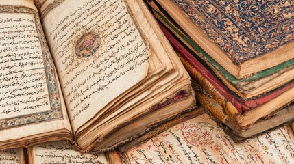 Obraz premium Ancient manuscript collection on wooden surface