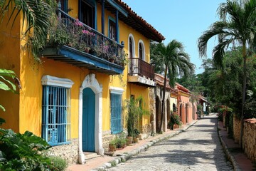 Colorful colonial architecture lining a cobblestone street in mompox, colombia