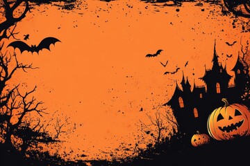 Large orange Halloween banner with pumpkins, bats, haunted house silhouette, and Halloween eyes, minimalistic design on black background with space for text or graphics.