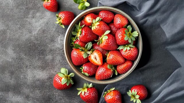 A bowl of ripe strawberries sits on a gray countertop, ready to be enjoyed