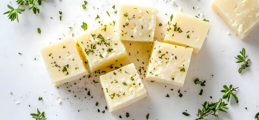 pieces of cubed cheese with herbs, isolated on a white background