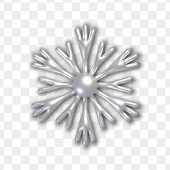 3d realistic silver snowflake. Metallic chrome Christmas decoration isolated on transparent background.	