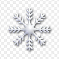 Vector 3d plastic white snowflake icon isolated on transparent background. Christmas and New Year holiday realistic decoration