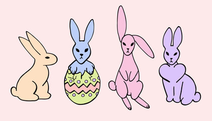 Doodle Easter bunny character set. Cute rabbit collection