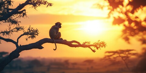 Tranquil Sunset: A Monkey Overlooking a Calm Lake