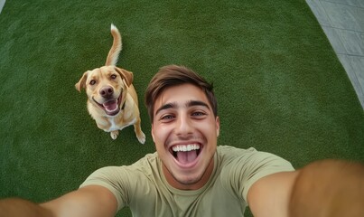 A man is taking a selfie with his dog on a green lawn