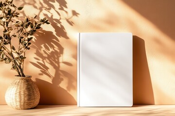 A minimalist composition featuring a blank notebook and a dried flower arrangement, illuminated by natural sunlight on a textured surface.