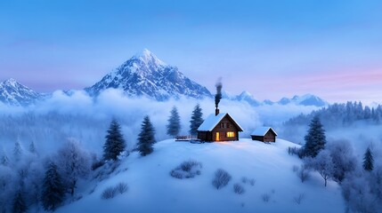 Fototapeta premium Snowy Mountain Cabin with Smoke Rising at Dusk