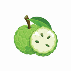 Sugar apple or custard apple with green leaves, isolated on white background