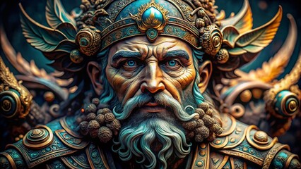 Intricate Macro Photography of a Sculpted Odin, the Norse God of Wisdom, War, and Death, Showcasing Details and Textures in Germanic Paganism Artistry