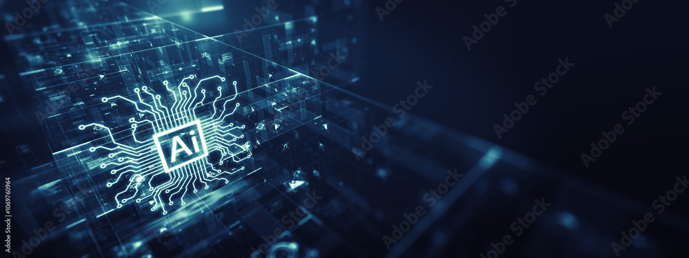 Poster digital illustration of an ai chatbot processor with intricate circuit lines on a blue background, s