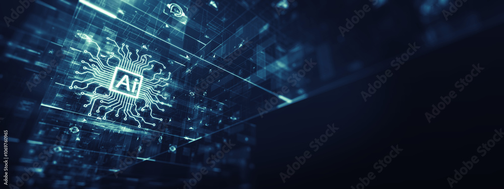 Poster digital illustration of an ai chatbot processor with intricate circuit lines on a blue background, s