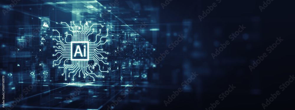 Poster digital illustration of an ai chatbot processor with intricate circuit lines on a blue background, s