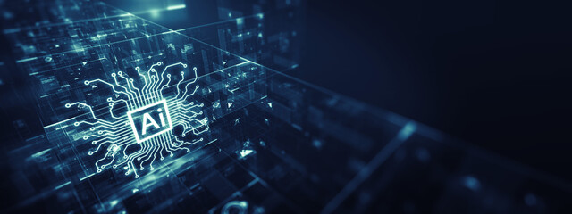 Digital illustration of an AI chatbot processor with intricate circuit lines on a blue background, symbolizing advanced technology, intelligent communication systems, and big data analytics.