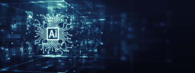 Digital illustration of an AI chatbot processor with intricate circuit lines on a blue background, symbolizing advanced technology, intelligent communication systems, and big data analytics.