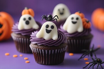 Halloween-themed cupcakes with ghost-shaped decorations, spider and pumpkin toppings, purple background, spooky and festive desserts for the season.