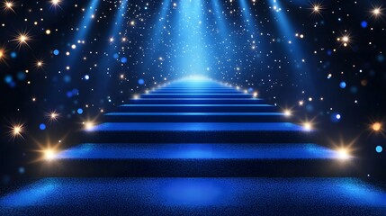 Bright Blue Runway with Light Streaks and Stars, Ideal for Presentations, Award Ceremony Events, and Technology-Themed Backgrounds. Luxury Scene Design Concepts. Vector illustrations.