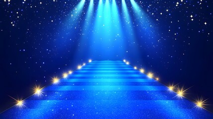 Bright Blue Runway with Light Streaks and Stars, Ideal for Presentations, Award Ceremony Events, and Technology-Themed Backgrounds. Luxury Scene Design Concepts. Vector illustrations.