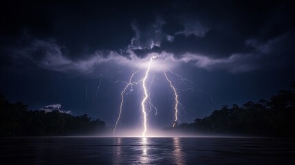 A powerful lightning strike illuminates the dark sky above a still lake, with a forest silhouetted in the background.