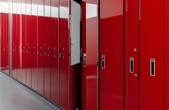 Red lockers with a white background